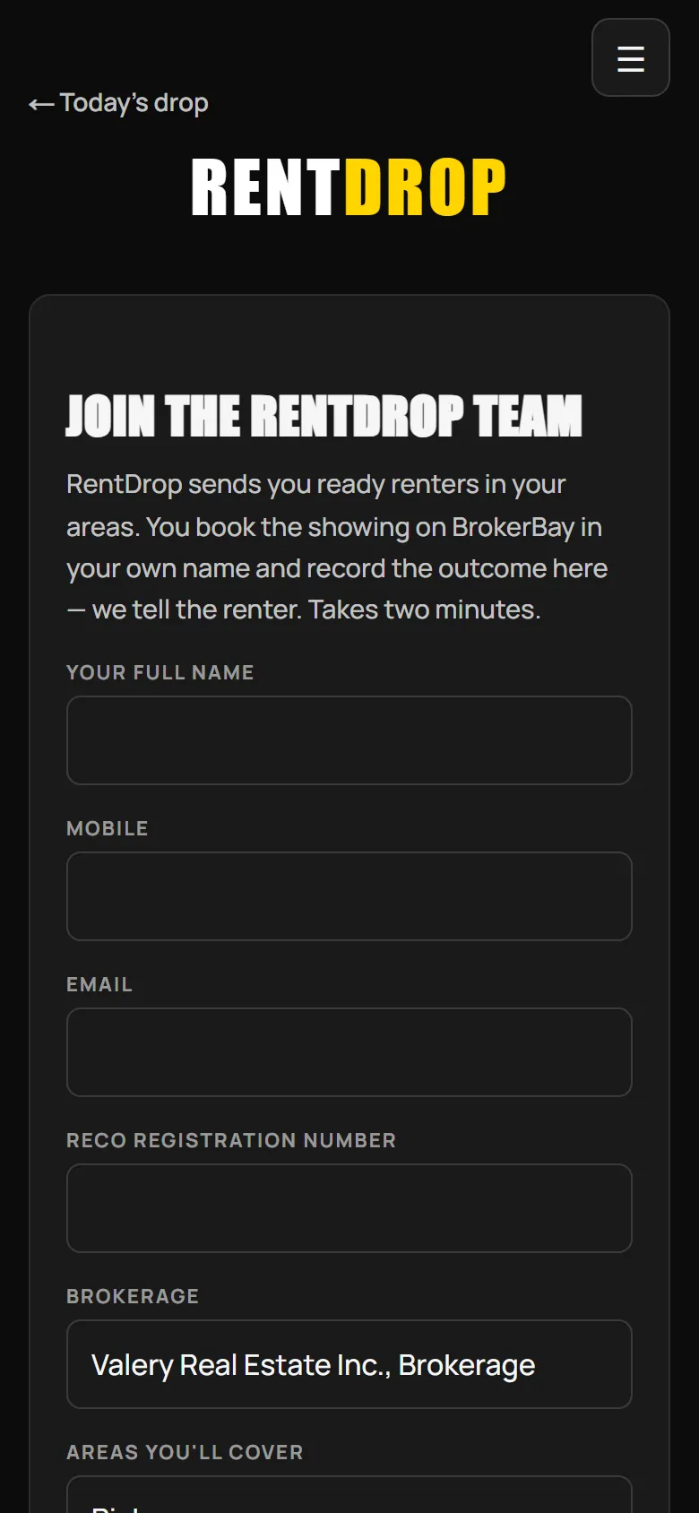 RentDrop team agent self-serve sign-up screen