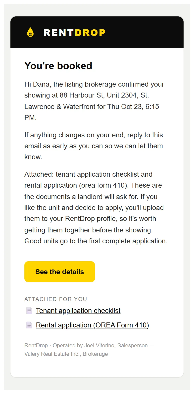 RentDrop 'You're booked' email showing confirmed showing details and application checklist