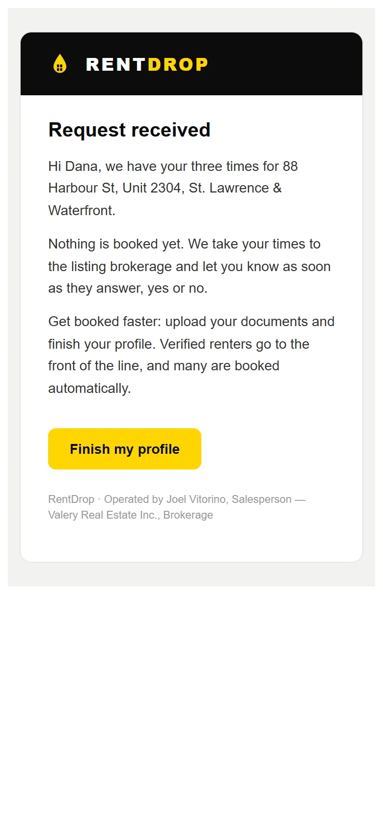 RentDrop 'Request received' confirmation email in a mobile inbox