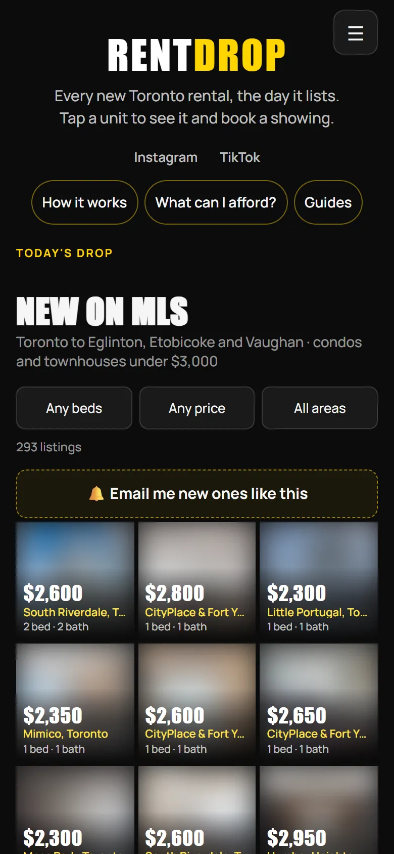 RentDrop mobile listing grid showing available rentals with blurred photos