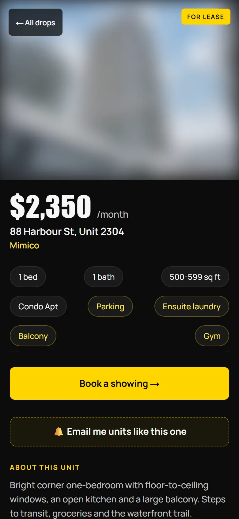 RentDrop listing detail page showing a unit with a 'Book a showing' button