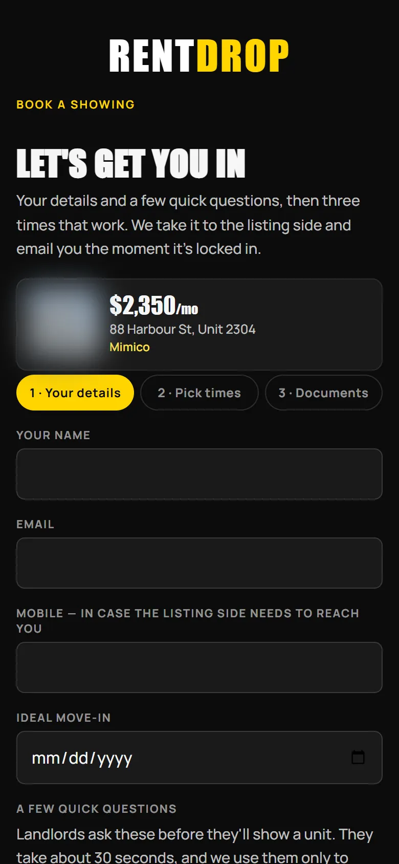 RentDrop booking form: renter selects showing time windows and answers qualification questions