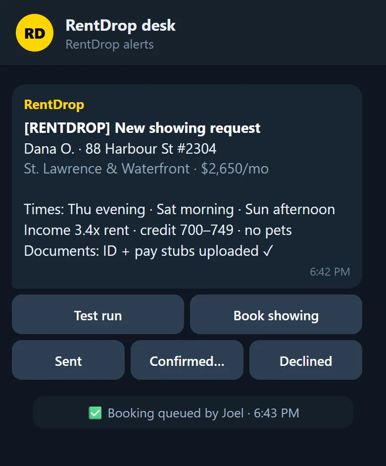 Telegram alert to the agent with showing request details and approve/book action buttons